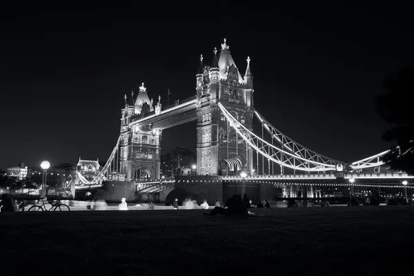 black and white image of Tower Bridge in London
